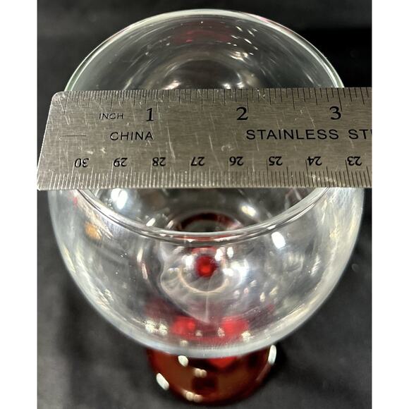 Hand Blown Wine Glass Ruby Red Stem Clear Bowl 8.25” Vintage Goblet - Picture 5 of 7